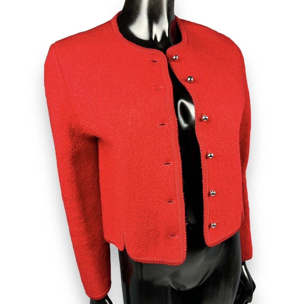 Vtg Eagle Eye Red 100% Boiled Wool Fitted Cardigan Sweater Gold Buttons Sz 8